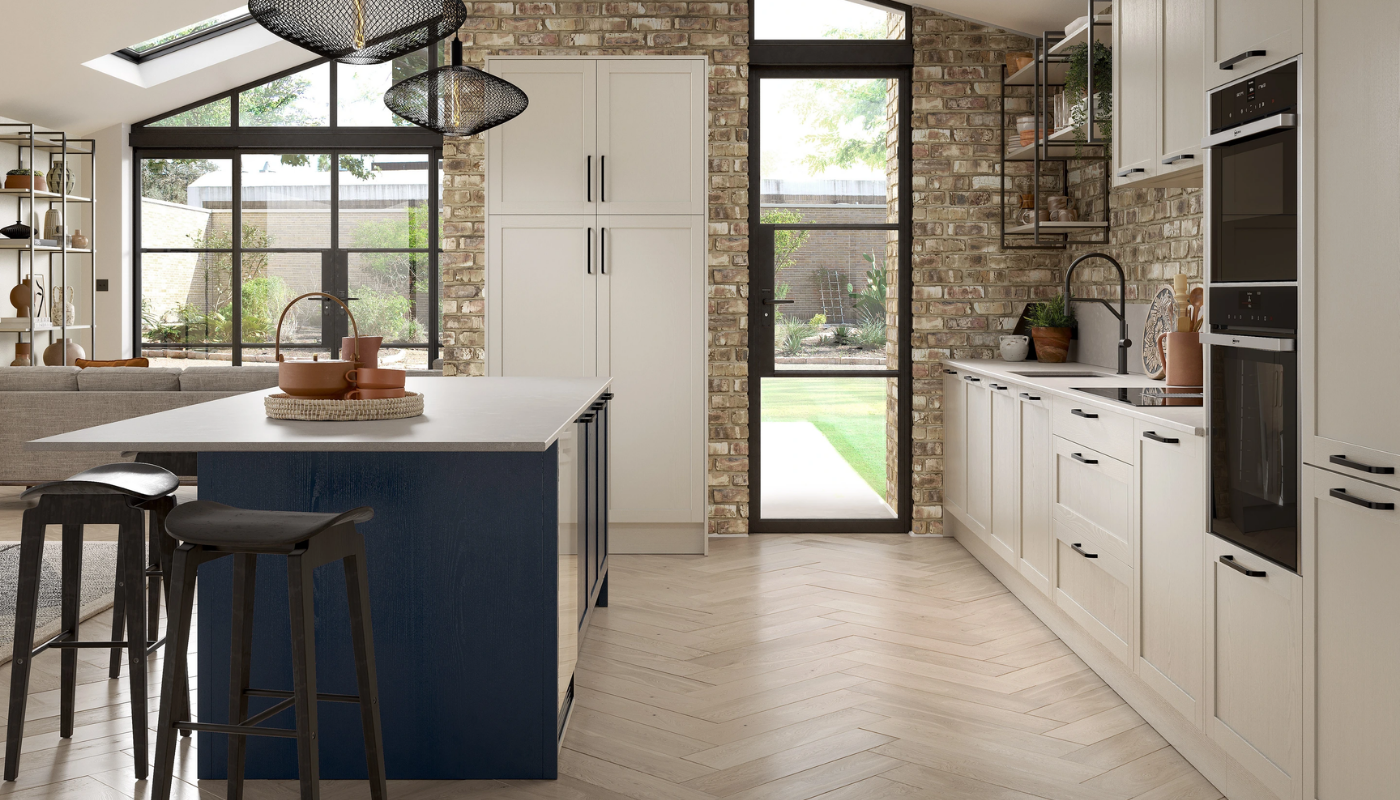 Sovereign Limestone and Indigo Blue Shaker Kitchen Design